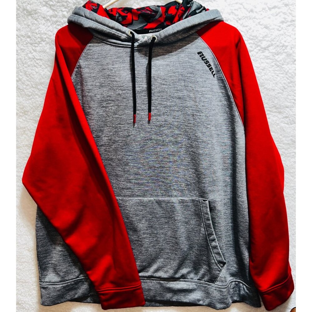Russell Mens 2XL Gray & Red Hoodie With Kangaroo Pocket Raglan Sleeves